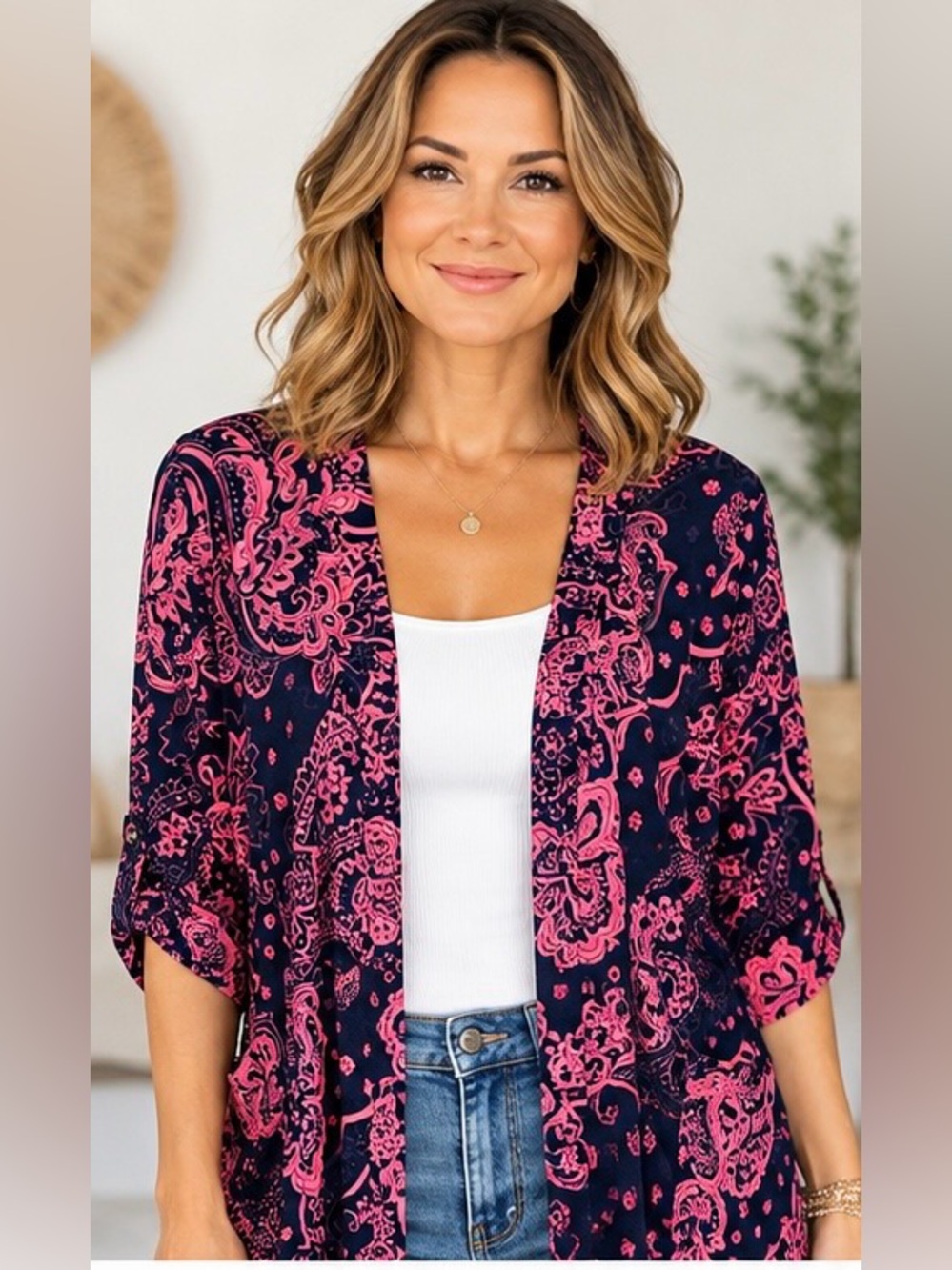 dear scarlett Floral Design Kimono Cardigan Duster with Side Pockets- Navy & P24